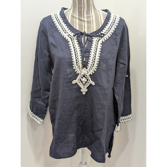 Symple Nyc Tops - NWT 100% Linen Navy Blue Embroidered Tunic Size XL Boho Cottagecore